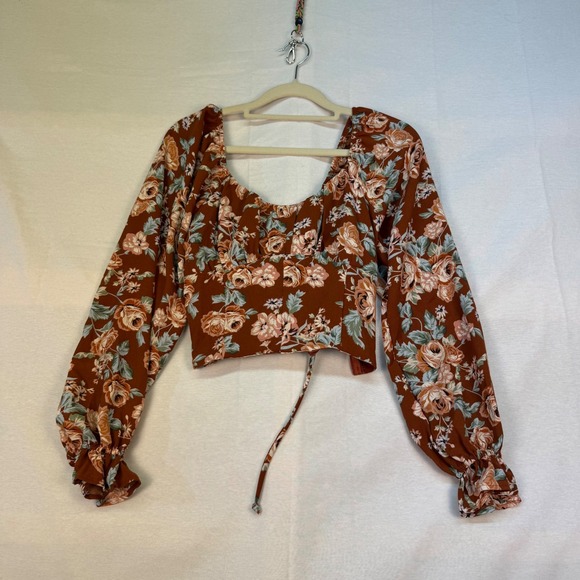 Altar'd State Tops - Altar'd State Rust Floral Lace Up Back Crop Top Long Sleeve Blouse Small